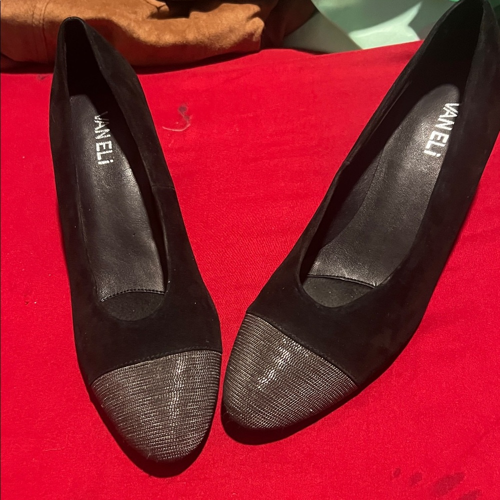 Vaneli Black and Metallic Toe Pumps
